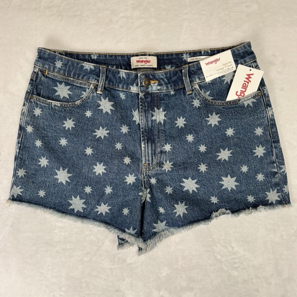 NWT Wrangler High Rise Denim Jean Shorts Size 14 Cutoff Star‎ Pattern Vintage 3”